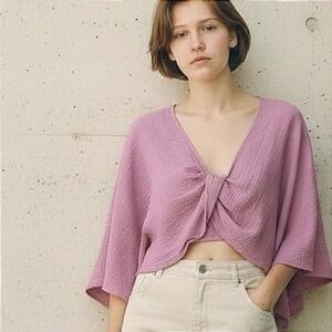 CAMMENSE Mauve Gauze Twist Front Batwing Sleeve Cropped Top Size S